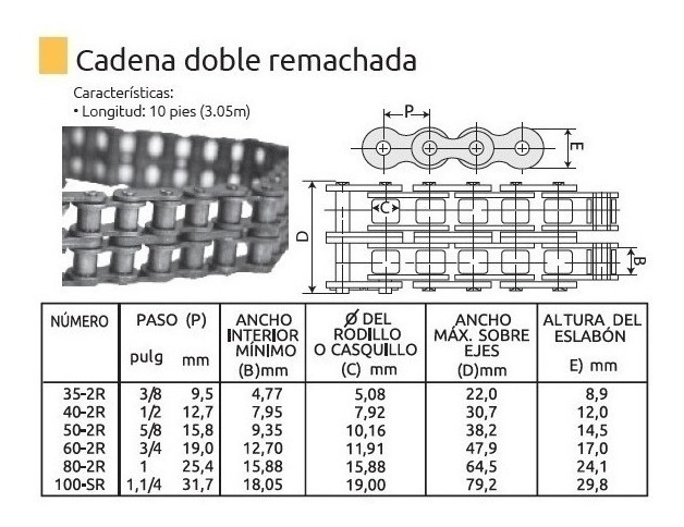 Cadena De Rodillos Doble 3.05Mt 80-2R  