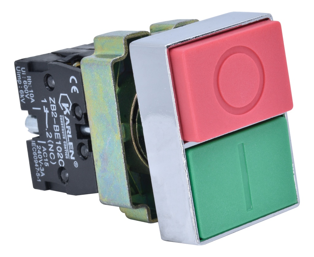BOTON PULSADOR DOBLE PARO/ARRANQUE COLOR VERDE/ROJO CON SIMBOLOSSB2-BL8425NO+NC   220Vca